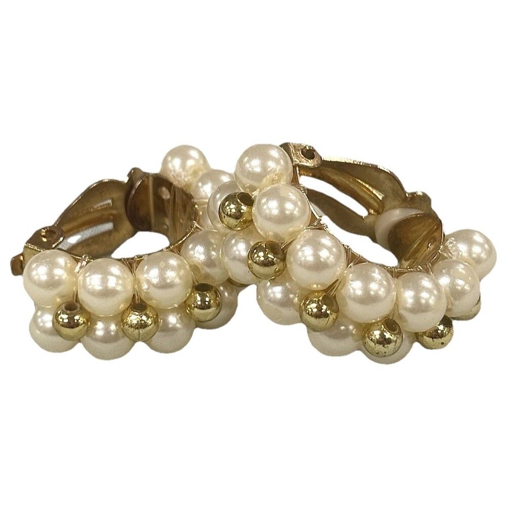 Vintage Elegant Faux Pearl Hoop Clip-On Earrings Gold Tone Bridal Statement